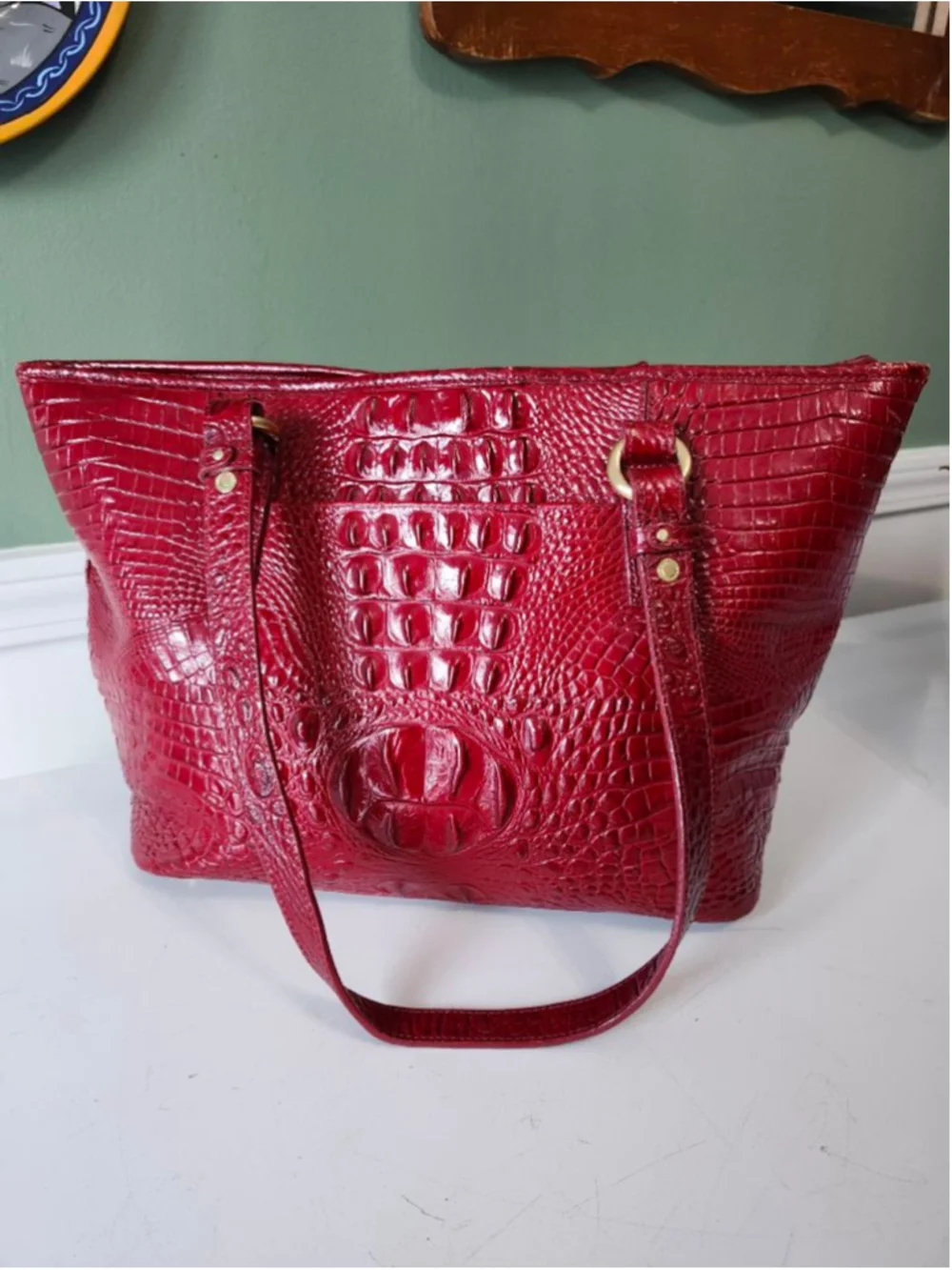 Women's Brahmin Red Croc Embossed Leather Tote Bag One Size